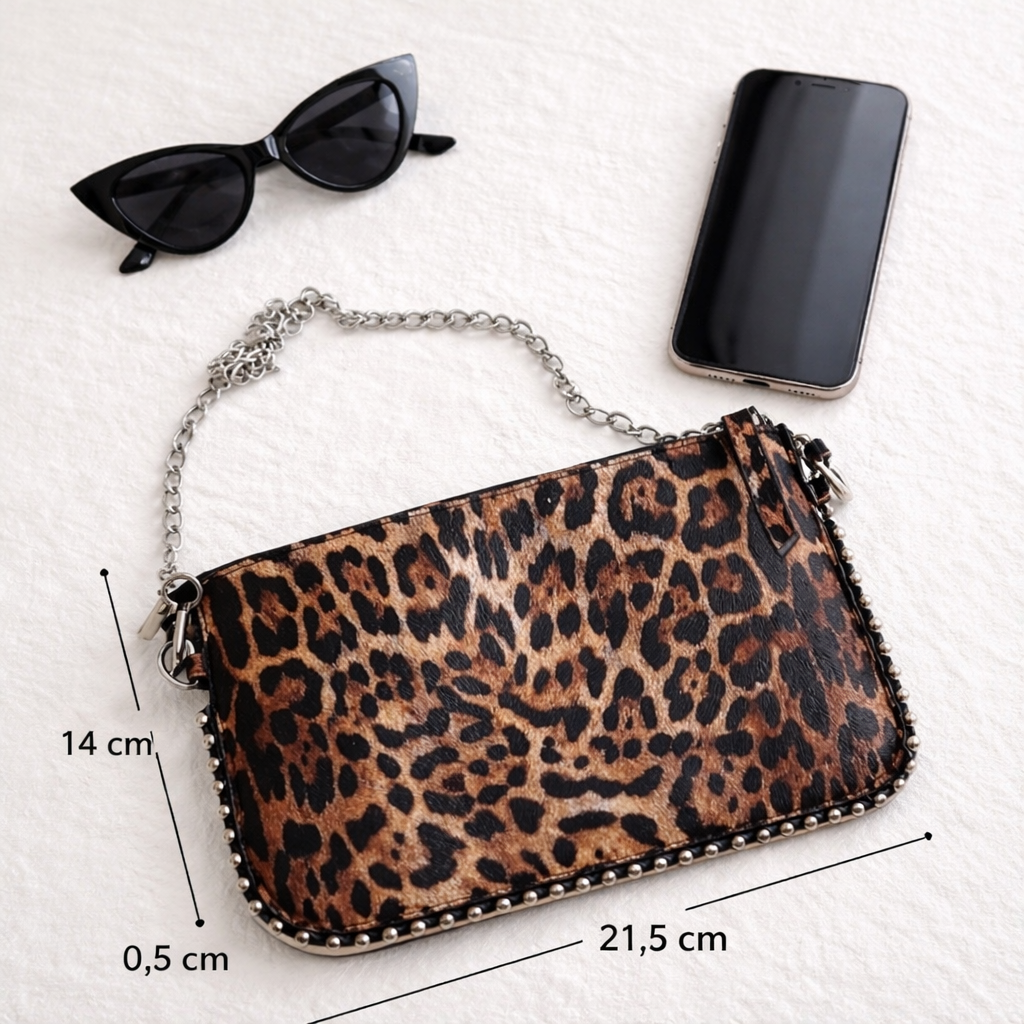 Borsa  Pochette tracolla Leopard con borchie